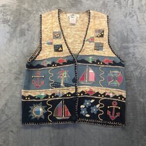 New Vintage Orvis Knitted Sweater Vest Women's XL Tan Blue Embroidered Nautical